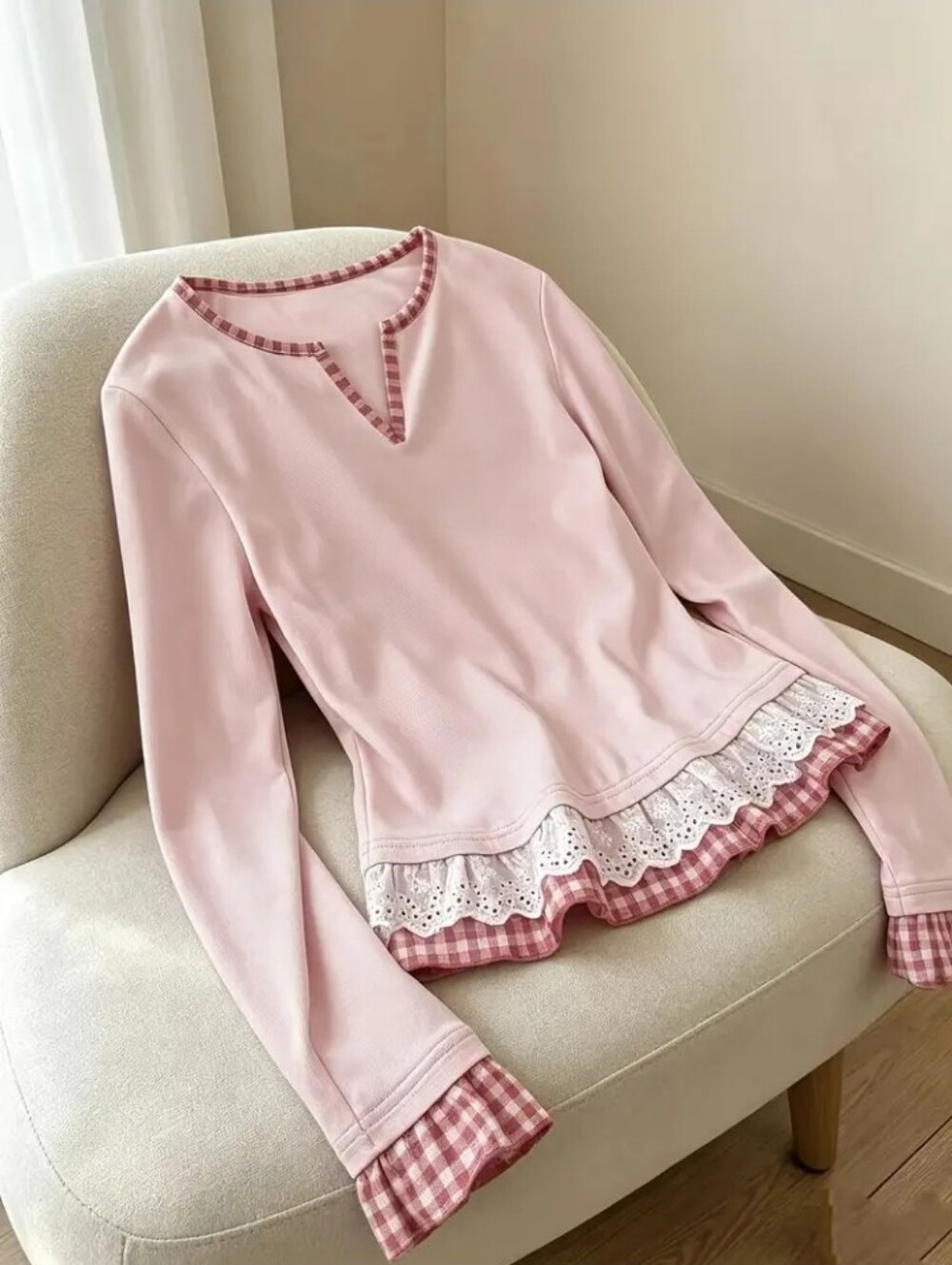 Pink V-Neck Red Plaid Patchwork Long Sleeve T-Shirt for Women, 2-in-1 Look